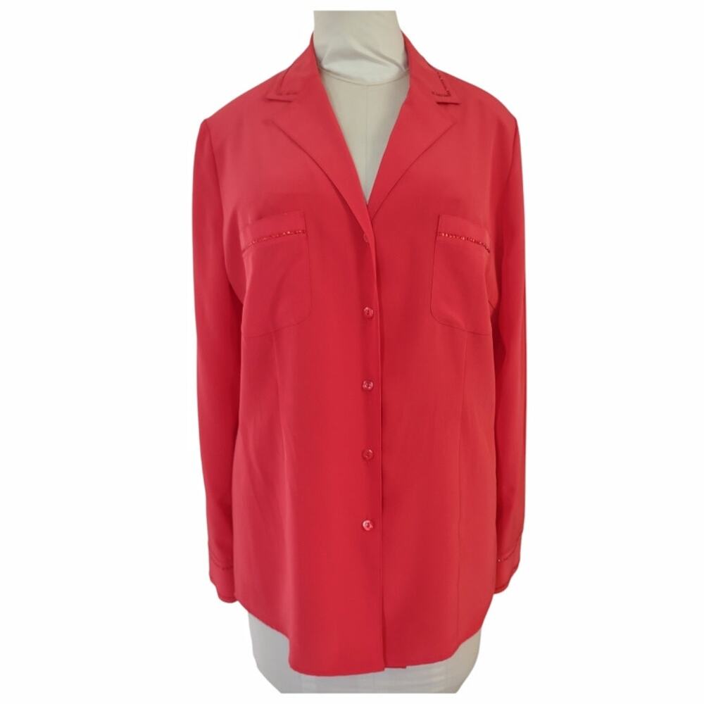 ALEXANDER Holiday Red Button Down Blouse Sz 12 Rhinestone Detail Long Sleeve Top